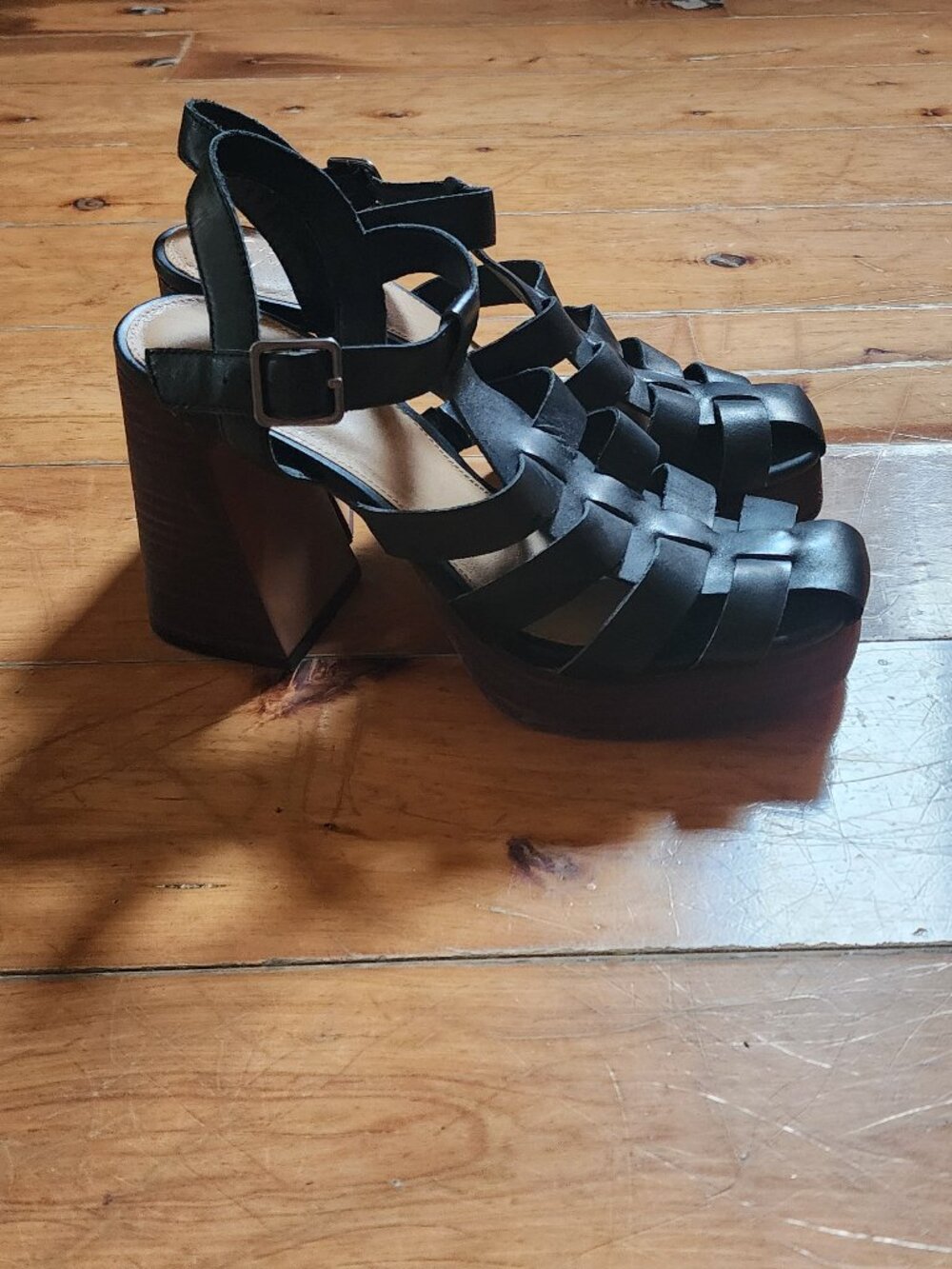 Chunky, Black Leather, Wooden Heeled, Platform Sandals, Size 8